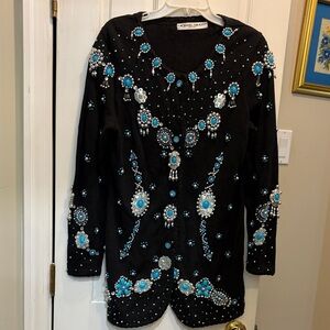 Rare Michael Simon Black Southwest Turquoise Embellished Long Cardigan
